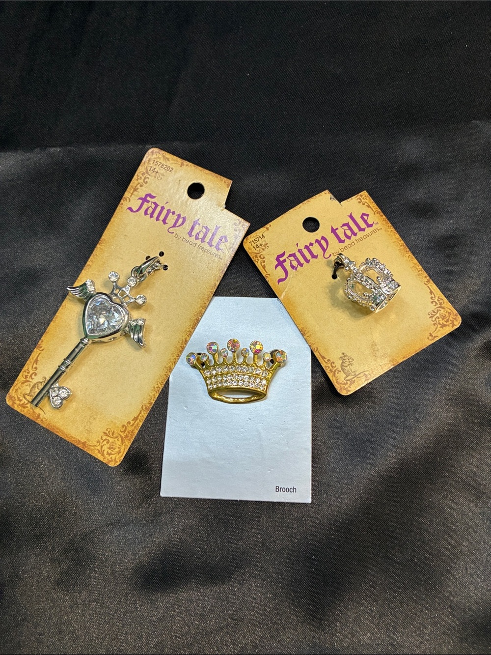 Set of 3 Gold Crown Brooch, Crown and Key Pendants